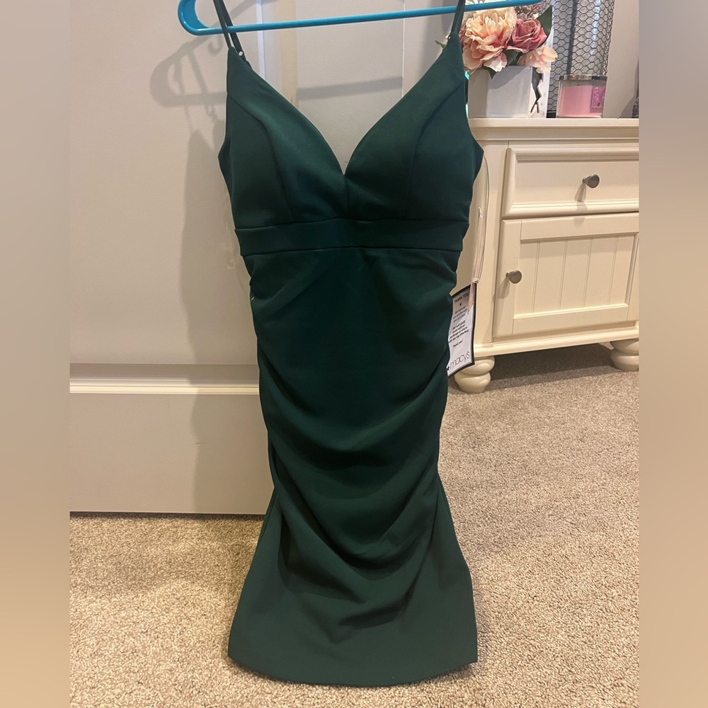Green dress from Macy’s, super cute, scrunch on the back.